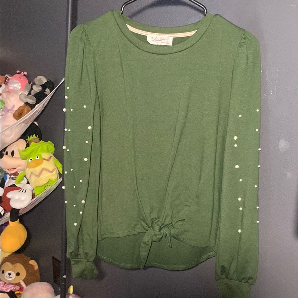 Chic Green Women's Blouse with Pearl Details